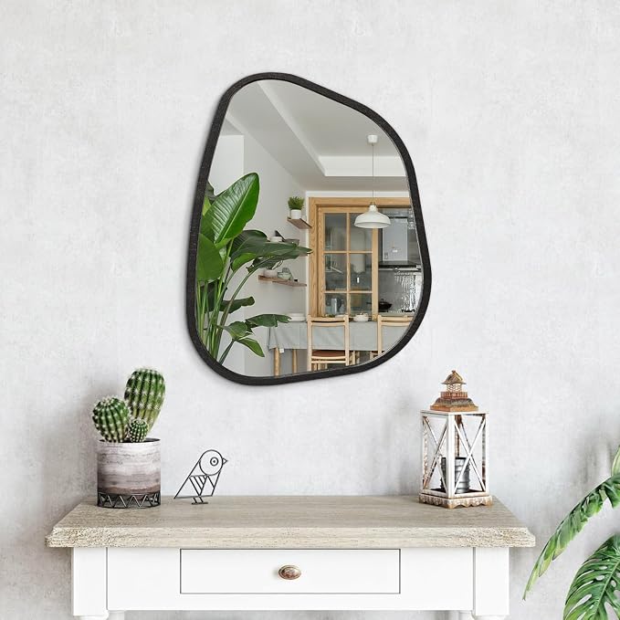 Asymmetrical Mirror Large 20"x16" Irregular Oval Wall Mirror Modern Wood Frame Unique Shape Wall Mounted Vanity Artistic Mirror Decorative for Living Room Bedroom Bathroom Entryway Hallway