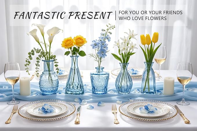 SUPMIND Blue Glass Bud Vases Set of 6, Small Flower Vases for Centerpieces | Mini Vintage Vase in Bulk for Wedding, Baby Shower, Home Decor, Table Decoration