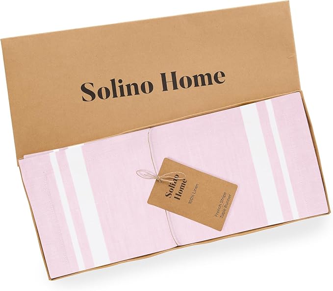 Solino Home 100% Pure Linen Table Runner, 14 x 48 in, White and Pink Stripe | French Stripe, a graceful centrepiece for dining and gatherings, European flax fibres, machine washable, OEKO-TEX Certified