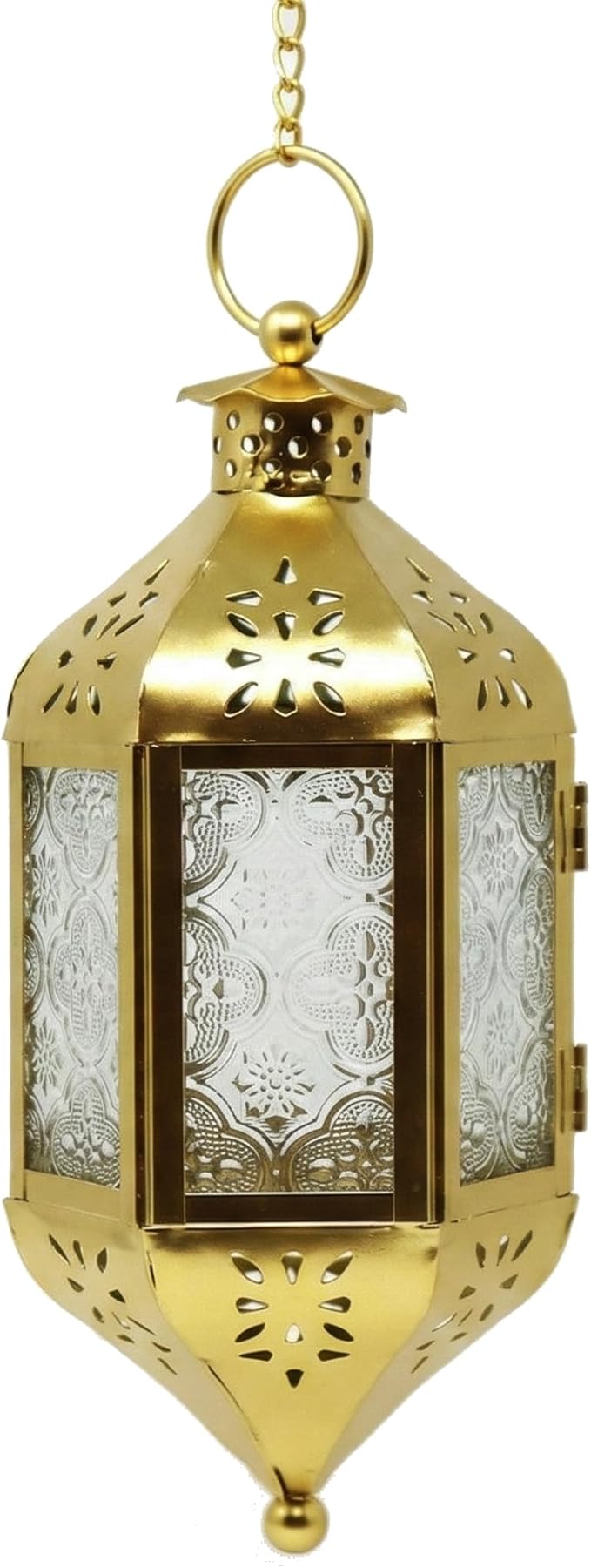 Vela Lanterns Hanging Moroccan Lamp - Exotic Decorative Patio & Porch Decor, Indoor Outdoor Tea Light Candle Lantern Holder with Chain (11" Medium, Gold)