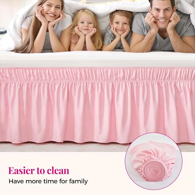 RIMELA Pink Bed Skirt Queen Size 18 Inch Drop, Elastic Bed Skirting for Bed Base and Frame, Bedding Dust Ruffle Easy to Install, Lightweight Wrap Around Adjustable Bedskirt | Solid Ruffled, Easy to Use, No Mattress Lifting, Wrinkle & Fade Resistant, wi...