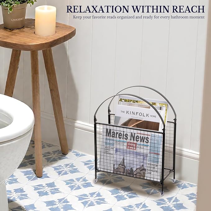 PUERSI Freestanding Magazine Holder, Metal Magazine Rack Floor Stand | Modern Touch Handbag Design, for Magazine, Newspaper, Books, Vinyl Record (Black)