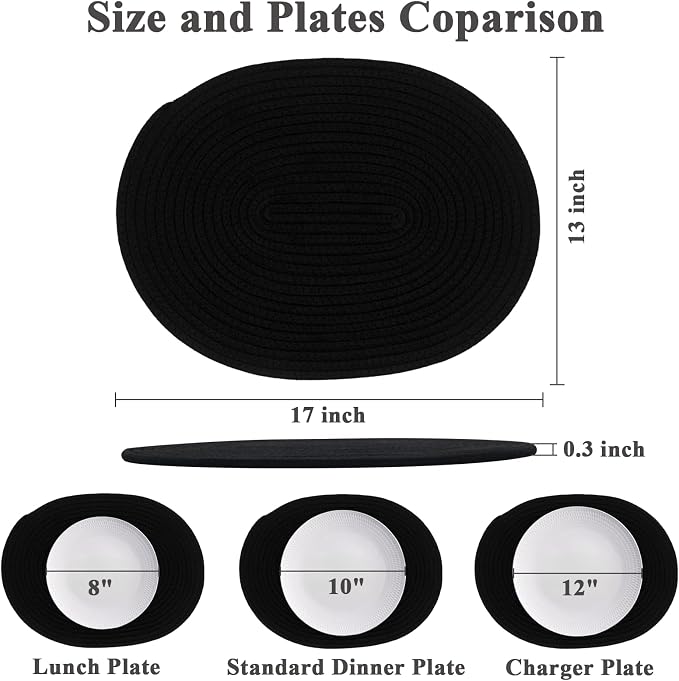 Oval Woven Placemats Set of 6, Boho Cotton Rope Braided Table Mats, 17x13 Inches Non Slip Heat Resistant Place Mats for Dining Room, Thick Hot Pads for Farmhouse Kitchen Table Decor. (Black)
