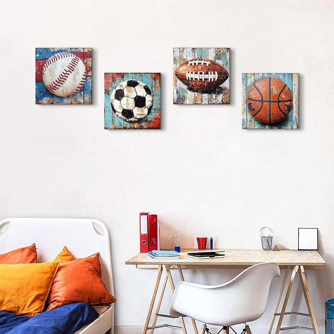 Sports Wall Decor Kids Playroom Art Soccer Basketball Football Baseball Pictures for Nursery Boys Bedroom Vintage Canvas Prints Colorful Sports Posters Balls Artwork Bathroom Home Decoration 12x12" 4P