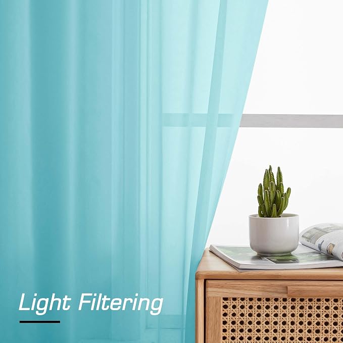 Simplebrand Aqua Sheer Curtains 96 Inches Long, Light Filtering Rod Pocket Solid Color Window Sheer Curtain Panels, Elegant Curtains & Drapes for Living Room, Bedroom 2 Panels (Aqua, 42" W x 96" L)