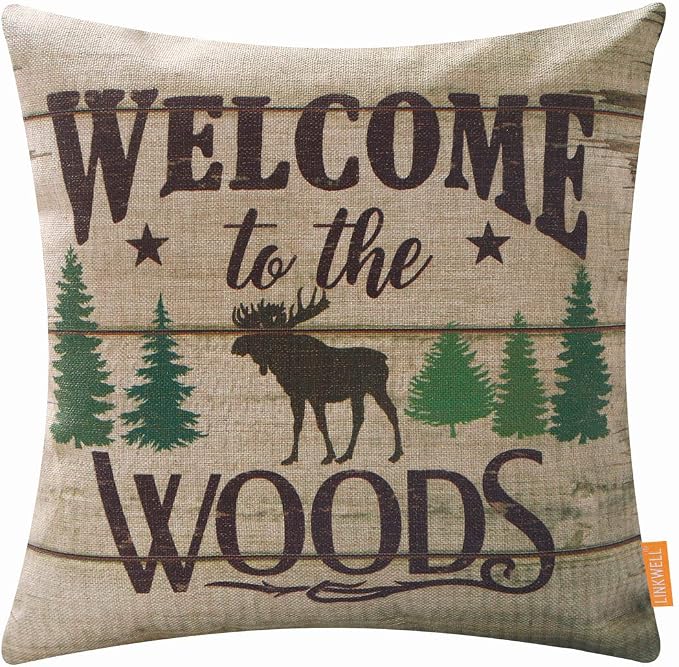 Lodge Cabin Pillow Cover 18x18 Inch Welcome to the Woods Moose Design Home Sofa Decorative Throw Cushion Cover Furniture Square Printed Pillowcase Hidden Zipper CC1787