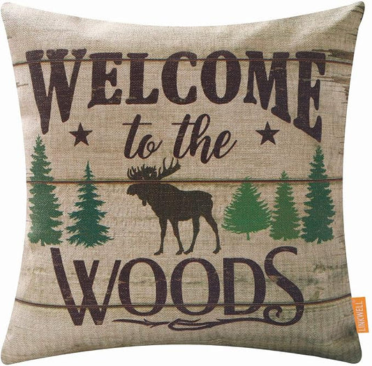 Lodge Cabin Pillow Cover 18x18 Inch Welcome to the Woods Moose Design Home Sofa Decorative Throw Cushion Cover Furniture Square Printed Pillowcase Hidden Zipper CC1787