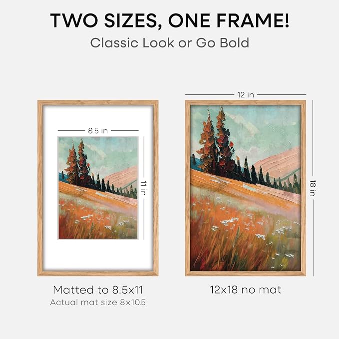 Homeforia 12x18 Natural Oak Picture Frame, High-End Wood, 8.5x11 Mat, Glass