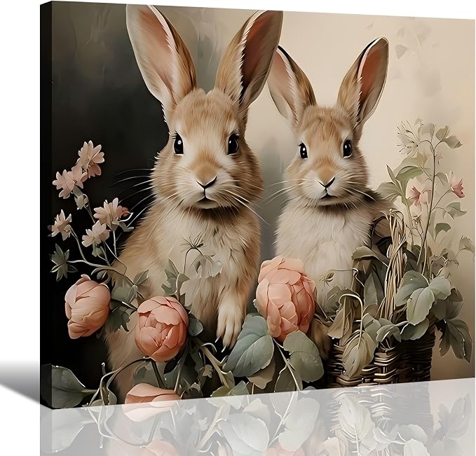 RIBNTAK Vintage Bunny & Floral Canvas Wall Art 12x18, Framed Cozy Spring Prints Pictures, Easter Rabbit Canvas Artwork for Bedroom, Living Room, Office, Cute Farmhouse Home Wall Decor