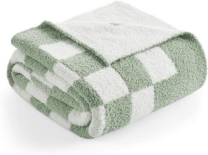 Snuggle Sac Checkered Bedding Blanket Twin Size 60x80, Super Soft Cozy Warm Knit Blankets, Reversible Breathable Lightweight Fluffy Throws for Sofa, Bed, Checkered Sage Green, 60x80 Inches