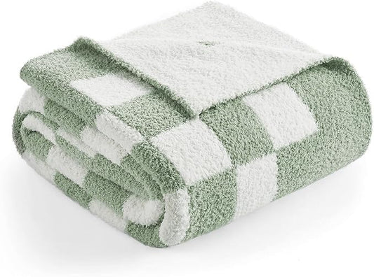 Snuggle Sac Checkered Bedding Blanket Twin Size 60x80, Super Soft Cozy Warm Knit Blankets, Reversible Breathable Lightweight Fluffy Throws for Sofa, Bed, Checkered Sage Green, 60x80 Inches