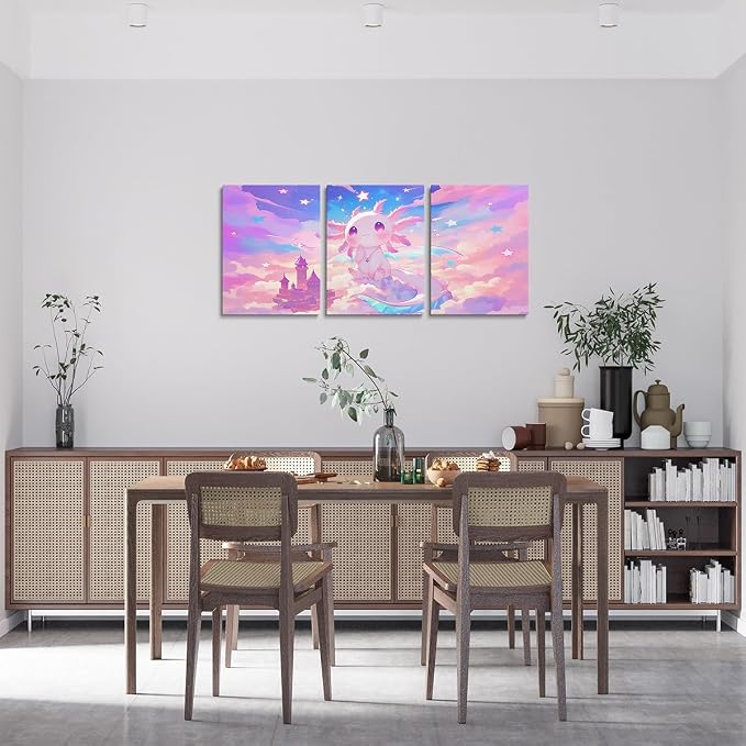 Feelyou Kids Cute Axolotl Picture Wall Decor Galaxy Cloud Wall Painting Posters Cartoon Animal Canvas Wall Art for Living Room Bedroom Boys Girls Dreamy Starry Teens Bathroom Wall Art 12"x16"x 3Pcs