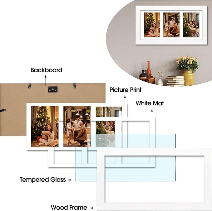 Golden State Art, Collage Picture Frame 7x14 Matted 3 4x6 Photos Wood White