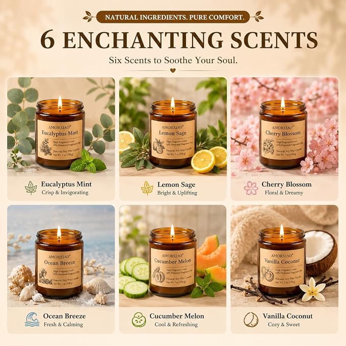 6 Pack Scented Candles for Home Scented: 42oz Soy Candles for Women Men | 300H Burning Aromatherapy Candle Set, Jar Candle Gift Set for Birthday, Scents of Eucalyptus/Sage/Cherry/Ocean/Melon/Vanilla