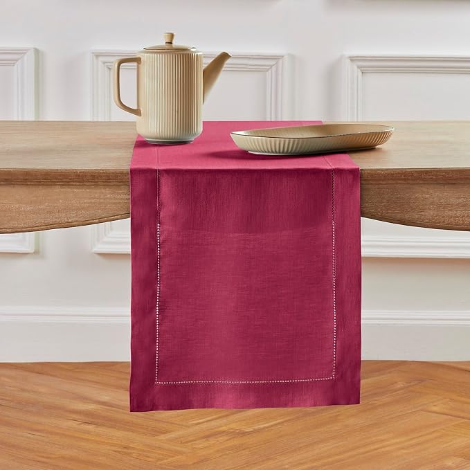 Solino Home 100% Pure Linen Dining Table Runner Beet Hemstitch, 14 x 144 in | Classic Hemstitch, a graceful centrepiece for dining and gatherings, hemstitched border, mitered corners, OEKO-TEX Certified