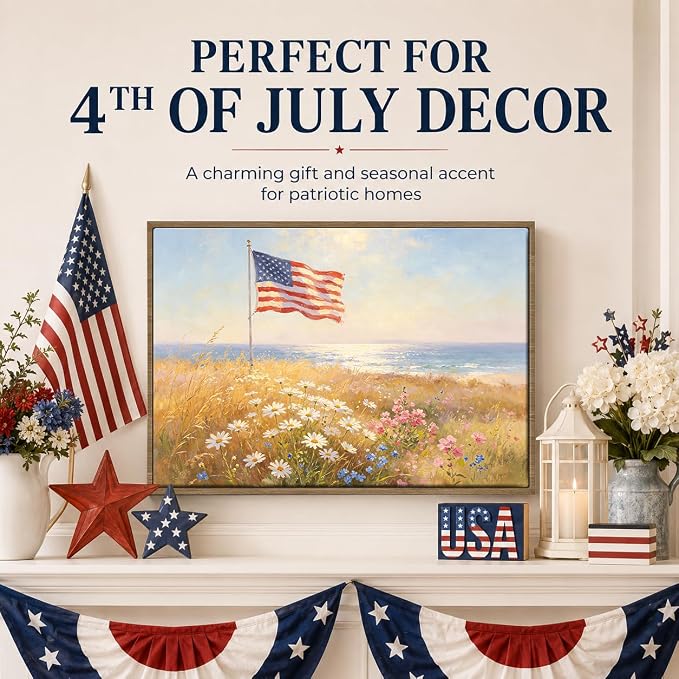 American Flag Framed Canvas Wall Art, 4th of July Floral Canvas Prints | Wildflower Landscape Poster Print, Vintage Rustic Independence Day Wall Decor for Bedroom Living Room Office 24×32in