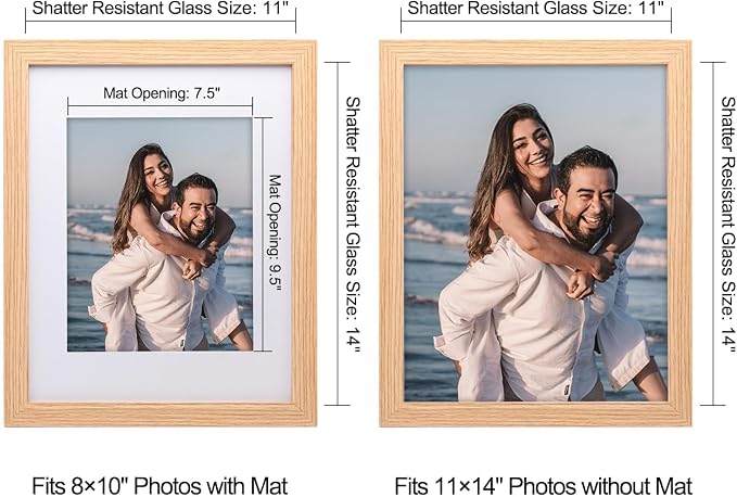 11x14 Picture Frame-Natural Oak,8x10 Mat,Tempered Glass,Engineered Wood