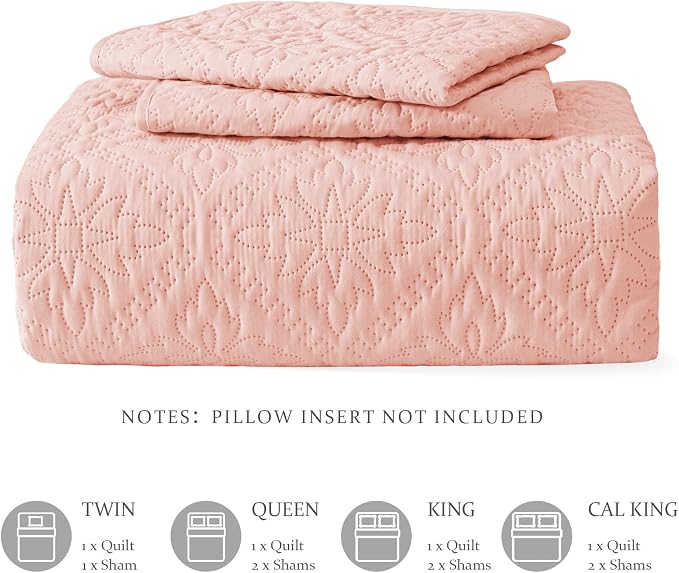 Exclusivo Mezcla King Quilt Set, Blush Pink | Lightweight Soft Bedspreads Coverlets, All Season Bedding with 2 Pillow Shams, Modern Style for Bedroom Guest Room