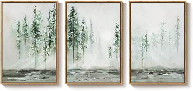 Framed Forest Tree Wall Art, 3 Piece Green Landscape Wall Decor, 24x36 Inch | Modern, Abstract, Large, Canvas artwork, Green, Pine tree picture, Bedroom art, Dining room decor, Ready to hang, Wood frame