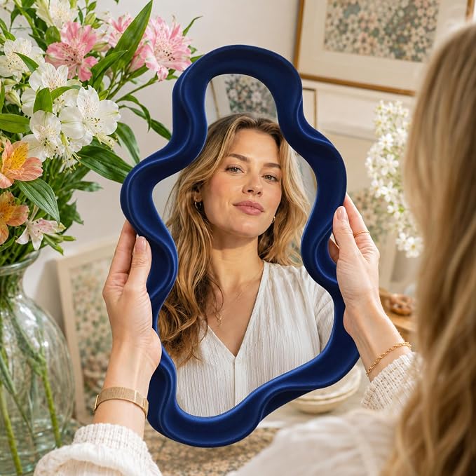 Irregular Wall Mirror Living Room Decor, Decorative Wavy Funky Mirrors with Flocking Touch, Modern Asymmetrical Mirror for Hallway Entryway Staircase Bathroom Bedroom (Dark Blue)