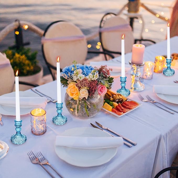 24 Pcs Glass Candle Holder Set 12 Candlestick White Candles,Blue | Clear Glass Holders with Taper Candles for Wedding Party Dinner Table Centerpiece, Elegant Classic Design Event Decor