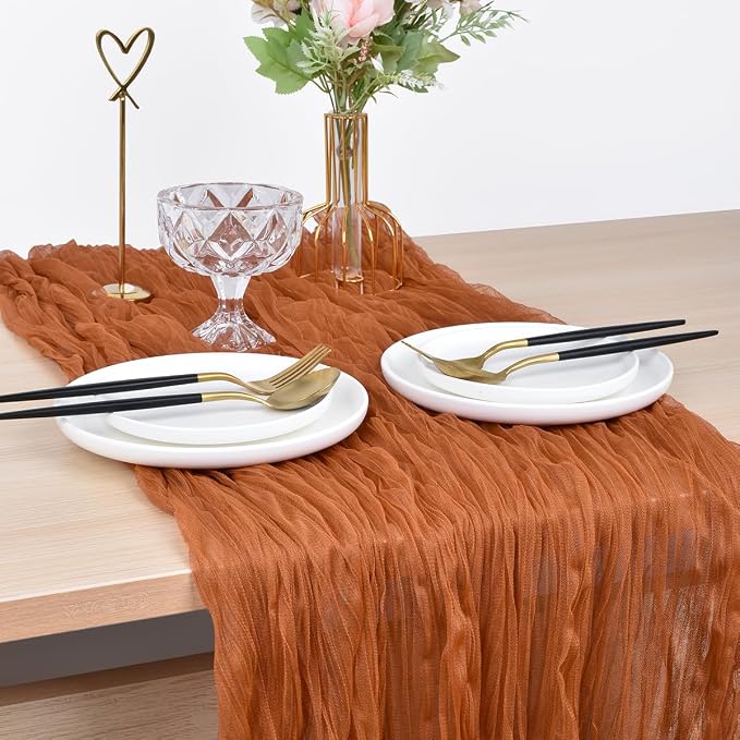 Rust Cheesecloth Table Runner Cheese Cloth Wedding Birthday Party Decor | 10Ft Fall Rustic Boho Gauze Farmhouse Bridal Baby Shower Holiday Dining Tea Party Home Table Decorations Terracotta 10 Pack