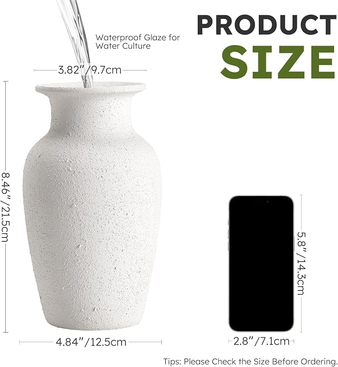 White Ceramic Vase for Home Decor, 8.4 Inch Terracotta Flower Vase | Waterproof Interior, Decorative Rustic Vase for Living Room, Dining Table, Fireplace, Shelf, Office, Housewarming Gift