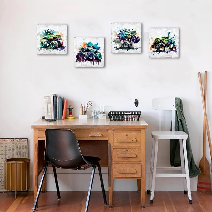 Car Room Decor Truck Canvas Wall Art Framed Boys Room Watercolor Cartoon Car Racing Vehicle Painting Modern Canvas Prints Farmhouse Artwork for Playroom Living Room Garage Home Decorations 16×16" 4Pcs