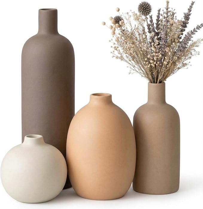 Ceramic Vase Set of 4 – Handmade Modern Minimalist Vases for Dried or Fresh Flowers, Matte Decorative Neutral Vases for Living Room, Table, Shelf & Entryway