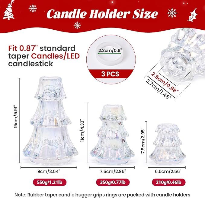 CHILL RECIPE Christmas Tree Candle Holders Xmas Glass Taper Candlestick Holders Thickened with Rubber Candle Grippers for Decoration Table Centerpiece Dinner Party Home Decor(Sparkly Clear 3Pcs &Box)