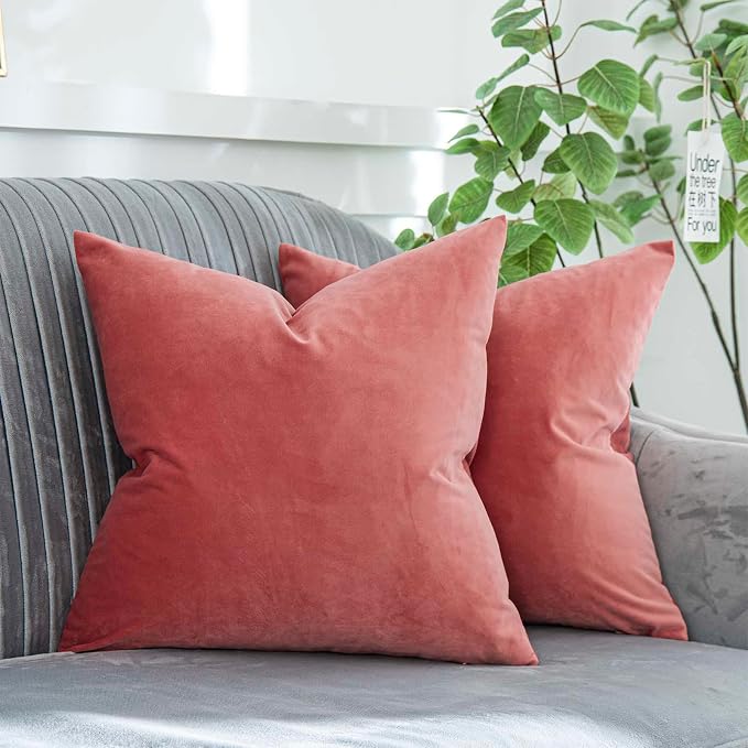 Coral Decorative Velvet Throw Pillow Covers 22x22 inch Set of 2 with Zipper Luxury Soft Solid Square Cushion Covers Case for Sofa Couch Bed Living Room