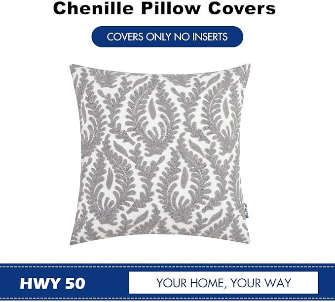 HWY 50 Grey Gray Decorative Throw Pillow Covers 18x18 Inch (1 Piece), Embroidered Cotton Farmhouse Cushion Cover Pillow Case for Sofa Couch Living Room Bed Bedroon, Floral Branches