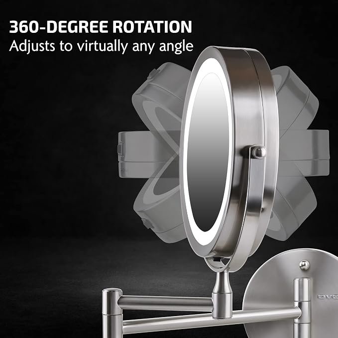 OVENTE 7" Wall Mounted Lighted Makeup Mirror, Nickel Brushed MFW70BR1X7X | Cordless Double Sided 1X/7X Magnifying Mirror for Bathroom with LED Lights, 360° Rotation, Extendable Arm, Battery Operated