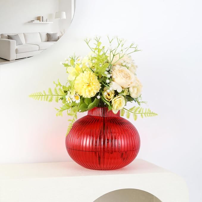 Red Glass Vase, Flower Vases for Bouquet, Ribbed Glass Vases for Flowers, Small Red Vase for Living Room, Office, Coffee Table, Shelf, Wedding, 6 Inches