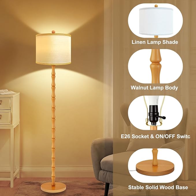 Vinaco Wood Floor Lamp, 3 Color Temperatures Dimmable Rotary Switch