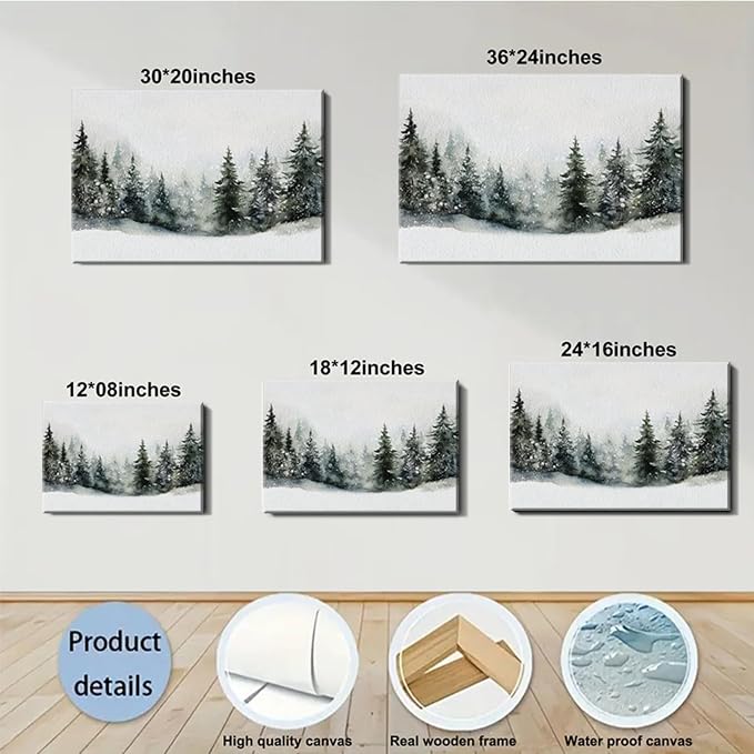 Framed Christmas Wall Art 8x12 inch, Pine Tree Artwork Christmas Decoration Indoor, Rustic Landscape Snow Winter Forest Painting Canvas Print Wall Picture for Living Room Decor