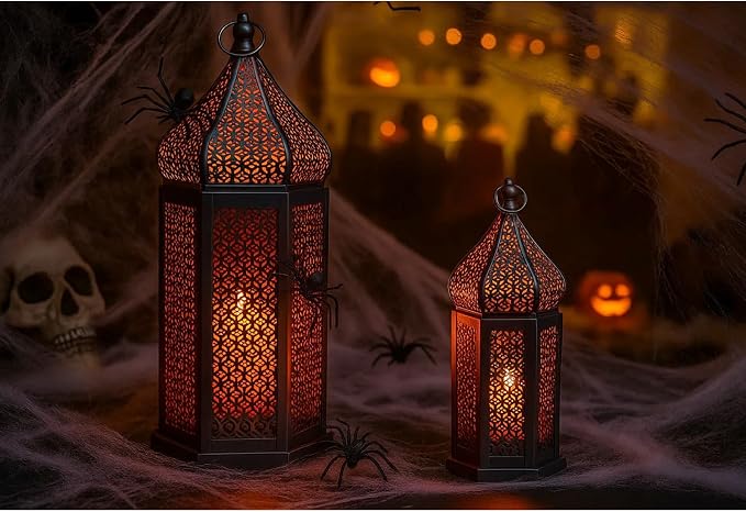 Vela Lanterns Decorative Indoor Black Moroccan Temple Lanterns, Set of 2