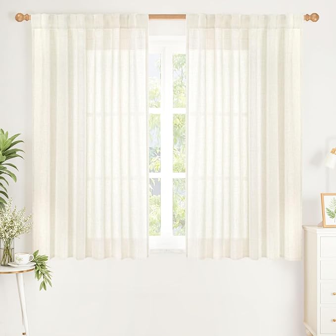 YoungsTex Ivory Linen Semi Sheer Curtains 40 Inch Length for Short Window | Light Filtering Drapes with Rod Pocket Back Tab for Bathroom Kitchen Window Over Sink, 2 Panels, 42 X 40 Inch