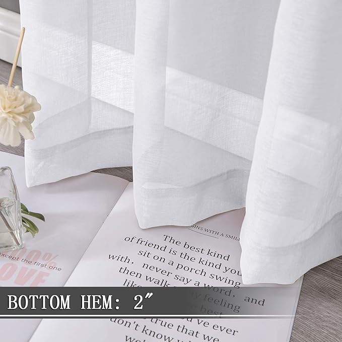 Tollpiz Sheer Curtain Linen Textured Living Room Curtains Sheer Light Filtering Rod Pocket Voile Curtain for Bedroom, 54 x 72 inches Long, White, Set of 2 Panels
