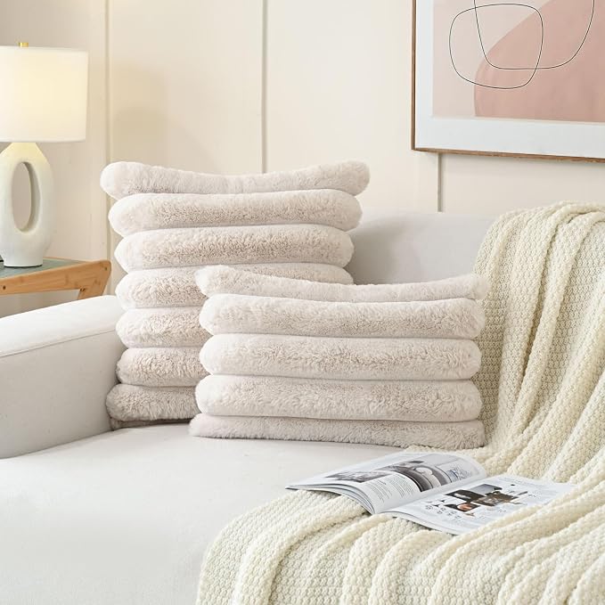HAUSSY Pack of 2 Pillow Covers 20x20 Inch, Faux Fur Decorative Couch Throw Pillows Soft Striped Plush Cushion Covers Home Decor Cute Furry Pillowcase for Living Room Sofa Bed, Beige (Covers Only)