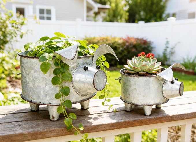 ShabbyDecor Galvanized Metal Pig Succulent Planter, Big and Small