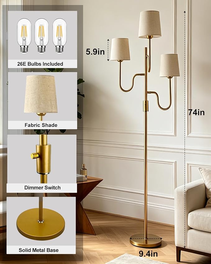 Lightdot 68IN Gold Floor Lamp Dimmable 3-Lights LED Floor Lamps with Cone Fabric Shade& Warm White Bulb for Wedding/Party 3-Arm Standing Tall Lamp for Living Room/Bedroom/Sofa Beside/Corner Decor