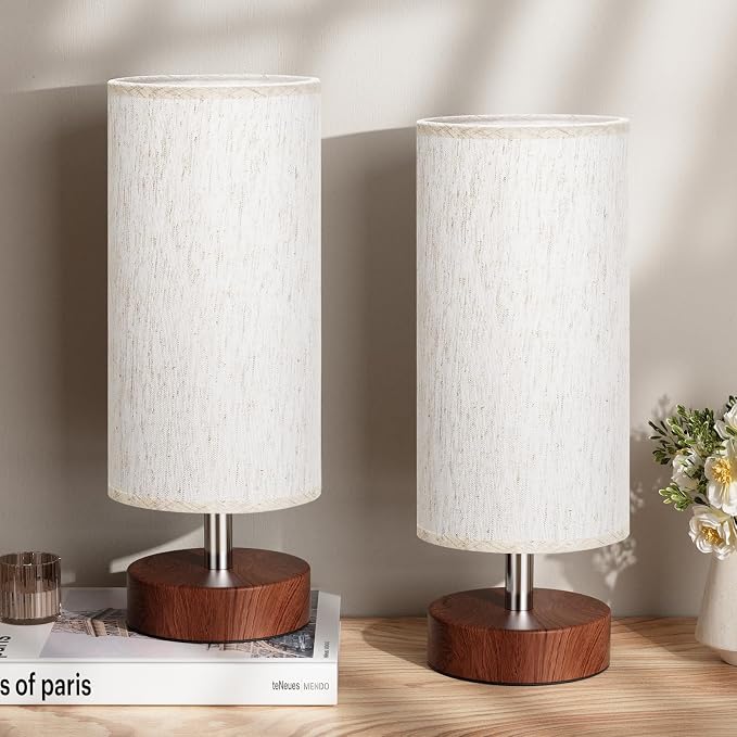 Table Lamps Set of 2 （Cream Shade - Walnut Base, 11.6" Inline Control）