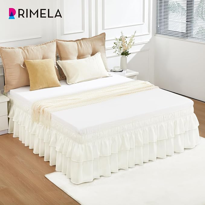 RIMELA Queen Size Ruffle Bed Skirt 18 Inch Drop - Cream White Double Layered Wrap Around Dust Ruffle, Romantic Cute Design Bedskirt with High-Density Fabric, Soft Stretchy, Easy Install for Queen Bed
