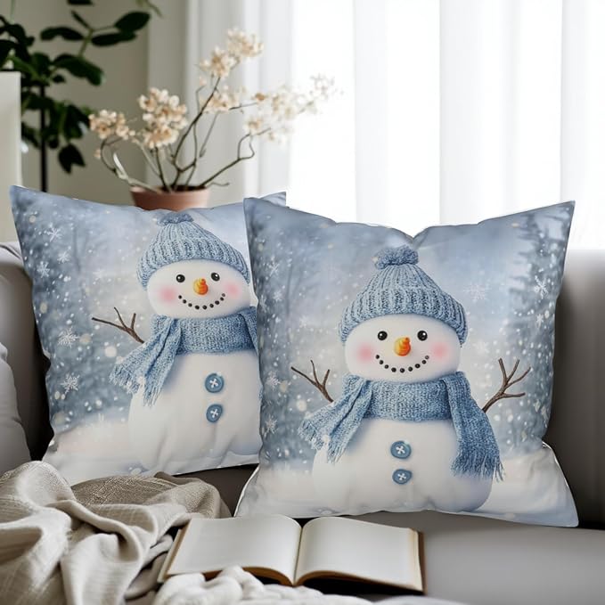 Blue Snowman Throw Pillow Covers Winter Pillow Covers 20x20 Snowflakes Pillow Case Double Sided Printing Cushion Case for Home Decor Couch Sofa Set of 2