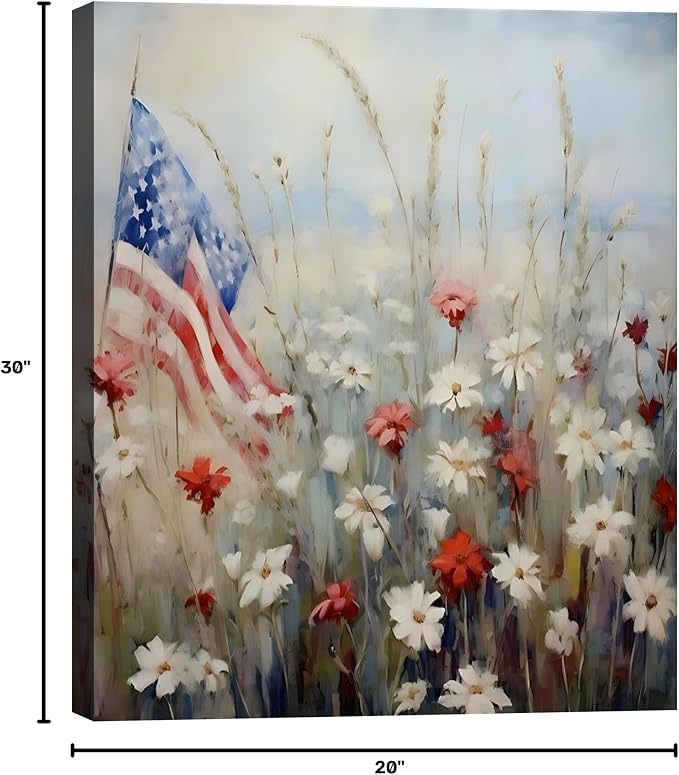 Framed American Flag Mason Jar Wall Art, Patriotic Farmhouse Canvas Art Pictures, USA Rustic Wall Decor, Made in USA Ready to Hang for Kitchen Dining Room