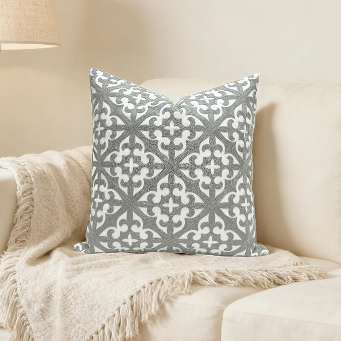 Slow Cow Embroidery Decorative Throw Pillow Cover Grey Kaleidoscope Design Pattern Cushion Cover 18 x 18 Inches