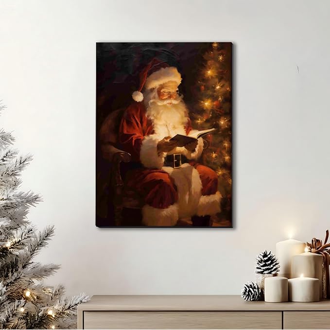Santa Reading Book Christmas Wall Art 16x24in, Vintage Framed Canvas Prints Posters for Home Decor, Rustic Winter Painting for Christmas Wall Decor, Holiday Decoration Gifts for Bedroom