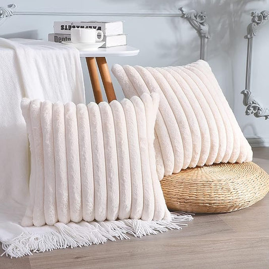Soleebee Set of 2 Throw Pillow Covers Soft Cozy Velvet Pillowcase Faux Rabbit Fur Cover for Couch Sofa Bed Chair Home Decorative Pillows Cover (20x20 Inch, Beige White)