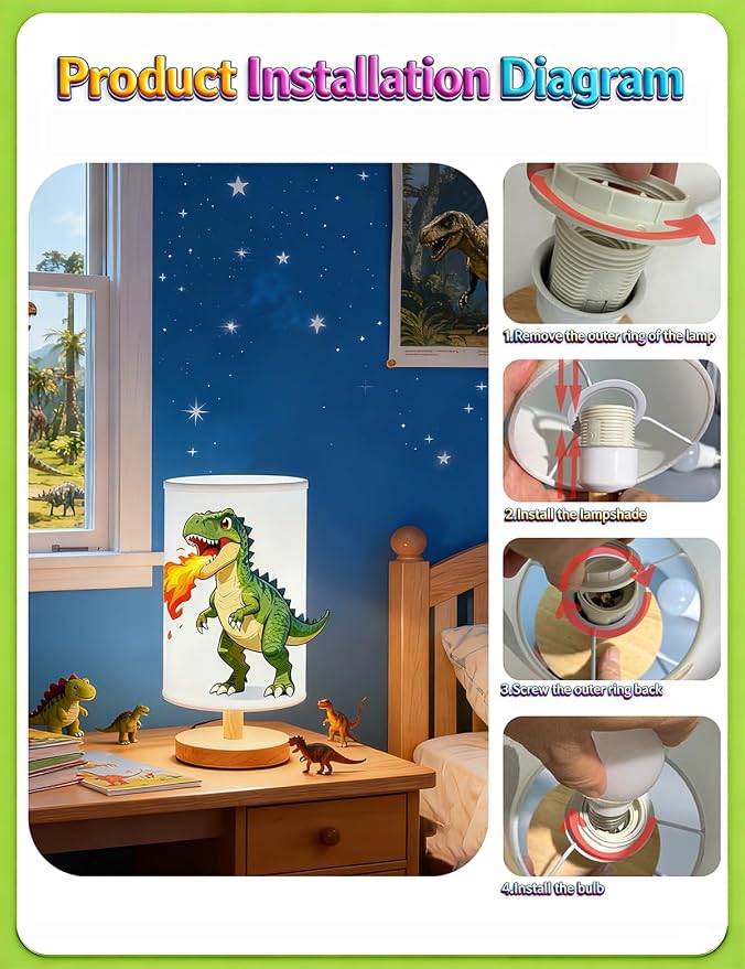 Dinosaur Lamp Kids Lamps for Bedrooms Boys, 3 ColorsNightstand Light Lamp, Round Wood Base Flaxen Fabric Desk Lamp for Kids Room, Dino Lamp Gift for Boy (LED Bulb Included) (Dinosaur)
